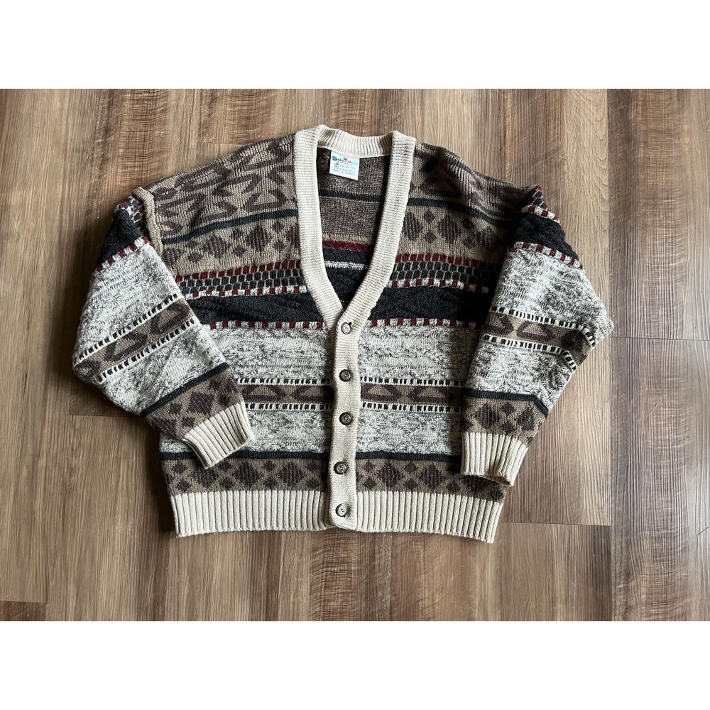 Vintage Sovrano Sweater Cardigan Mens Large Brown Wool Geometric Knit Aussie